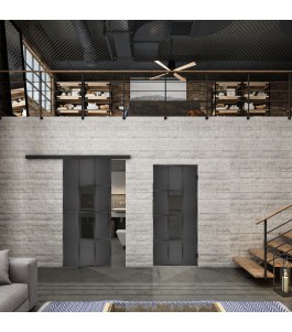 Glasschiebetür BLACK-LINE Loft Schwarzeisen Genietet 35 Auf Grauglas