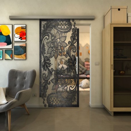 Glasschiebetür SLIM-LINE - Fineprint Model 108 Schwarz auf Klarglas