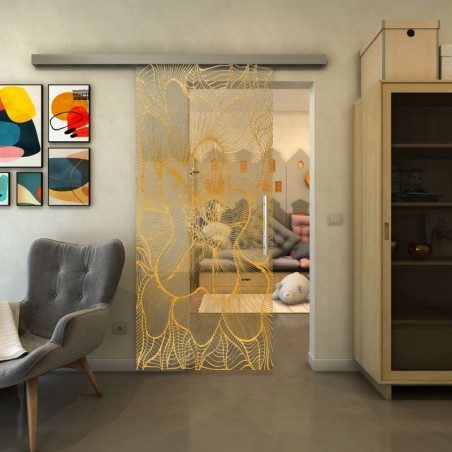 Glasschiebetür SLIM-LINE - Fineprint Model 020 Gold auf Klarglas