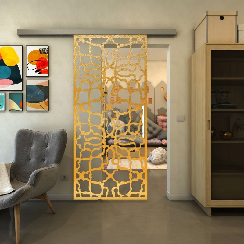 Glasschiebetür SLIM-LINE - Fineprint Modell 150 Gold auf Klarglas Glasschiebetür SLIM-LINE - Fineprint Modell 150 Gold auf Klarglas