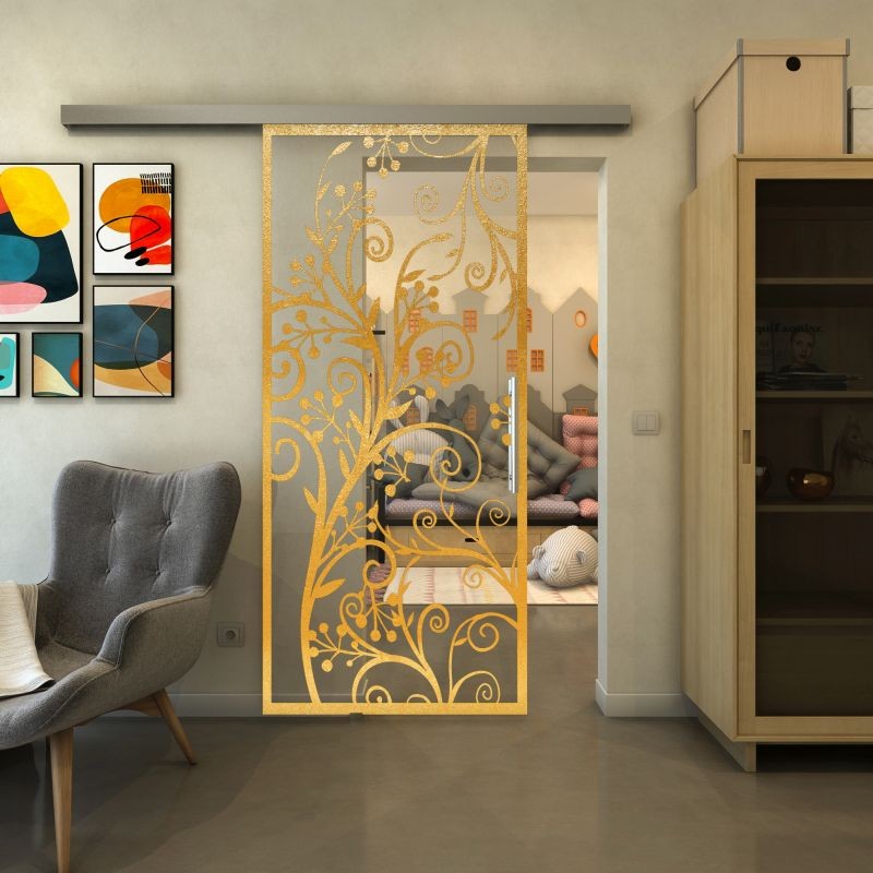 Glasschiebetür SLIM-LINE - Fineprint Modell 204 Gold auf Klarglas Glasschiebetür SLIM-LINE - Fineprint Modell 204 Gold auf Klarglas