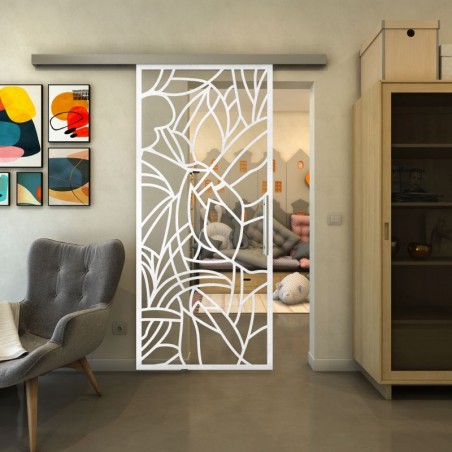 Glasschiebetür SLIM-LINE - Fineprint Model 148 Weiss auf Klarglas
