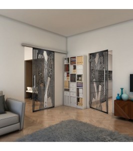 Glasschiebetür SLIM-LINE - Fineprint Model 097 Schwarz auf Klarglas