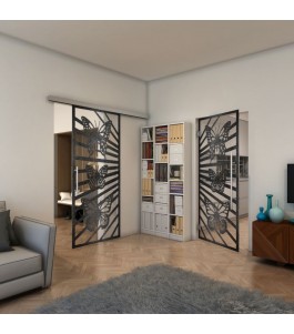 Glasschiebetür SLIM-LINE - Fineprint Model 176 Schwarz auf Klarglas