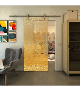 Glasschiebetür PIPE-LINE - Fineprint Model 015 Gold auf Klarglas