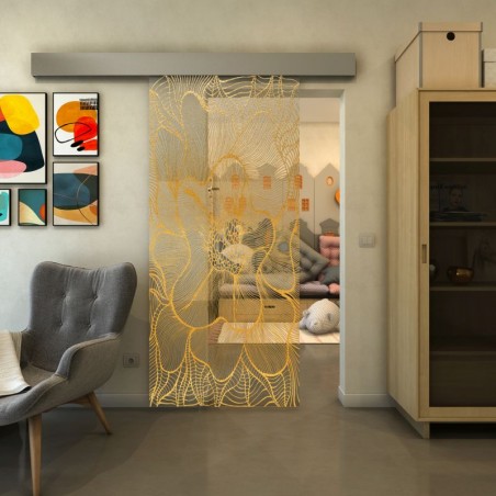 Glasschiebetür ECO-LINE - Fineprint Model 020 Gold auf Klarglas