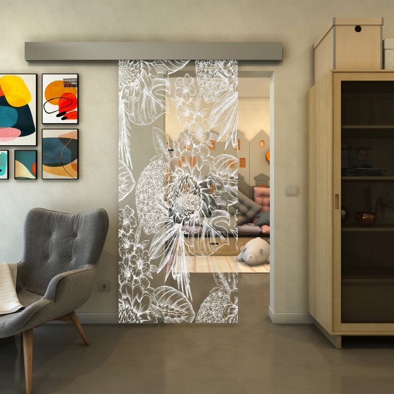 Glasschiebetür ECO-LINE - Fineprint Modell 083 Weiss auf Klarglas
