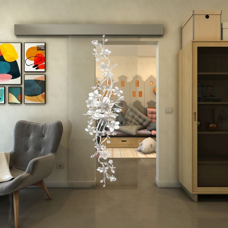 Glasschiebetür ECO-LINE - Fineprint Modell 085 Weiss auf Klarglas