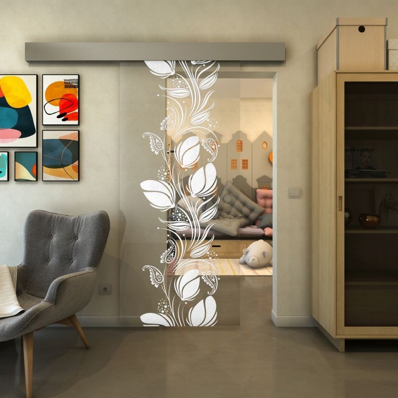 Glasschiebetür ECO-LINE - Fineprint Modell 086 Weiss auf Klarglas