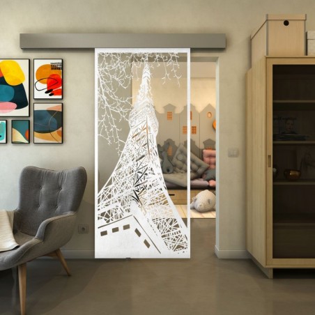 Glasschiebetür ECO-LINE - Fineprint Model 132 Weiss auf Klarglas