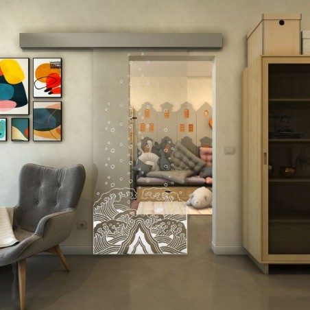 Glasschiebetür ECO-LINE - Fineprint Model 155 Weiss auf Klarglas