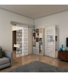 Glasschiebetür ECO-LINE - Fineprint Model 143 Weiss auf Klarglas