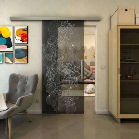 Glasschiebetür SLIM-LINE - Fineprint Model 013 Weiss auf Grauglas