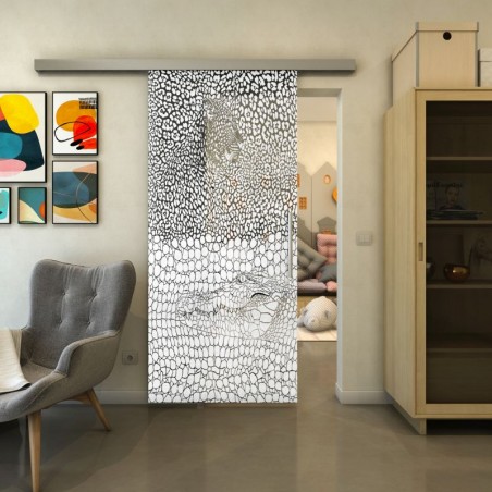 Glasschiebetür SLIM-LINE - Fineprint Model 015 Weiss auf Grauglas