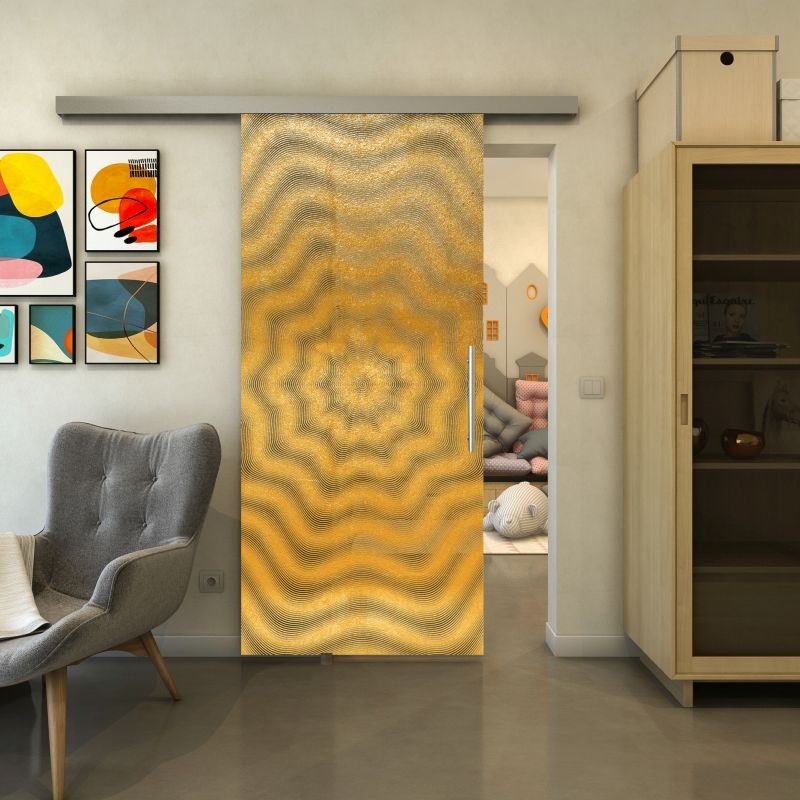 Glasschiebetür SLIM-LINE - Fineprint Modell 064 Gold auf Grauglas