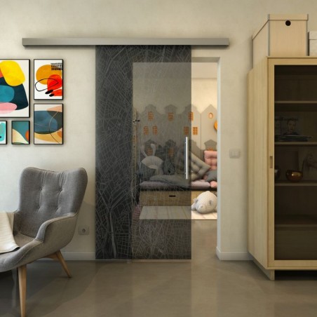 Glasschiebetür SLIM-LINE - Fineprint Model 079 Schwarz auf Grauglas
