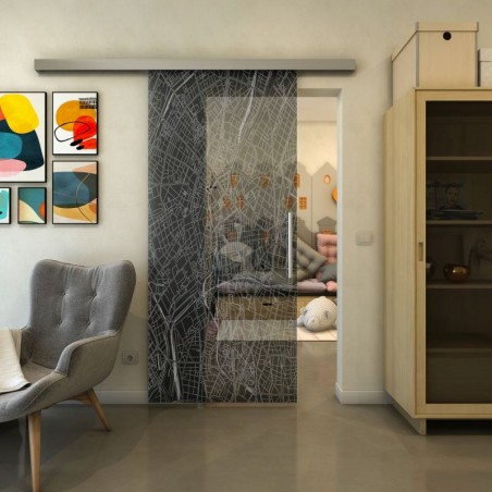 Glasschiebetür SLIM-LINE - Fineprint Model 079 Weiss auf Grauglas