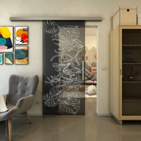 Glasschiebetür SLIM-LINE - Fineprint Model 082 Weiss auf Grauglas