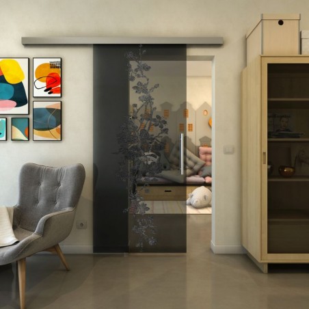 Glasschiebetür SLIM-LINE - Fineprint Model 085 Schwarz auf Grauglas