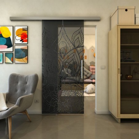 Glasschiebetür SLIM-LINE - Fineprint Model 089 Schwarz auf Grauglas