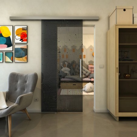 Glasschiebetür SLIM-LINE - Fineprint Model 090 Schwarz auf Grauglas