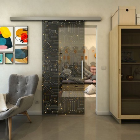 Glasschiebetür SLIM-LINE - Fineprint Model 090 Gold auf Grauglas