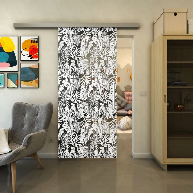 Glasschiebetür SLIM-LINE - Fineprint Modell 091 Weiss auf Grauglas