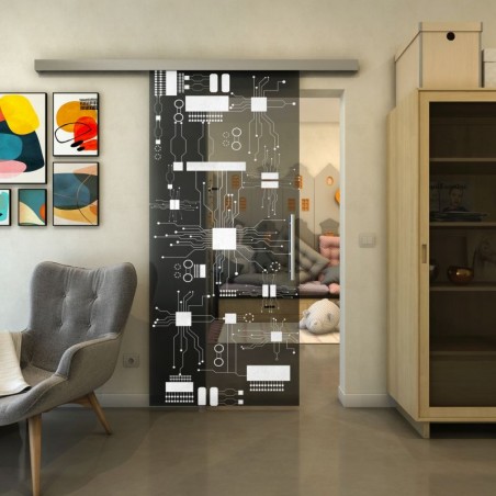 Glasschiebetür SLIM-LINE - Fineprint Model 092 Weiss auf Grauglas