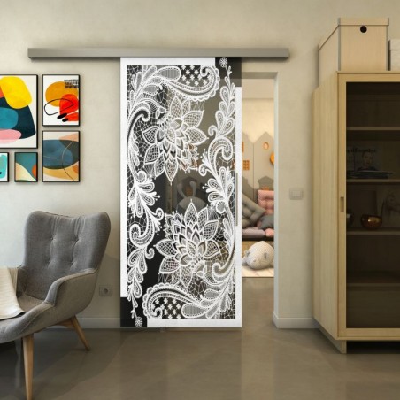 Glasschiebetür SLIM-LINE - Fineprint Model 108 Weiss auf Grauglas
