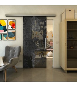 Glasschiebetür SLIM-LINE - Fineprint Model 115 Schwarz auf Grauglas