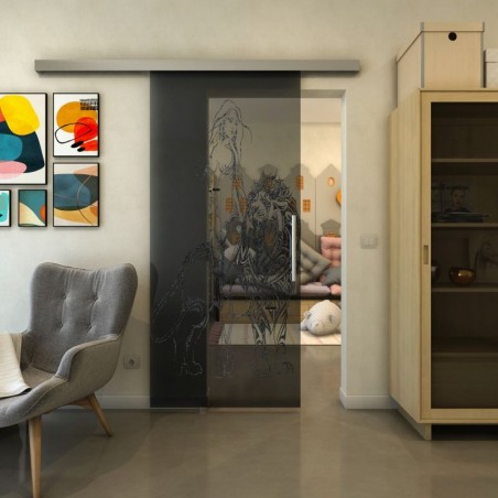Glasschiebetür SLIM-LINE - Fineprint Model 117 Schwarz auf Grauglas