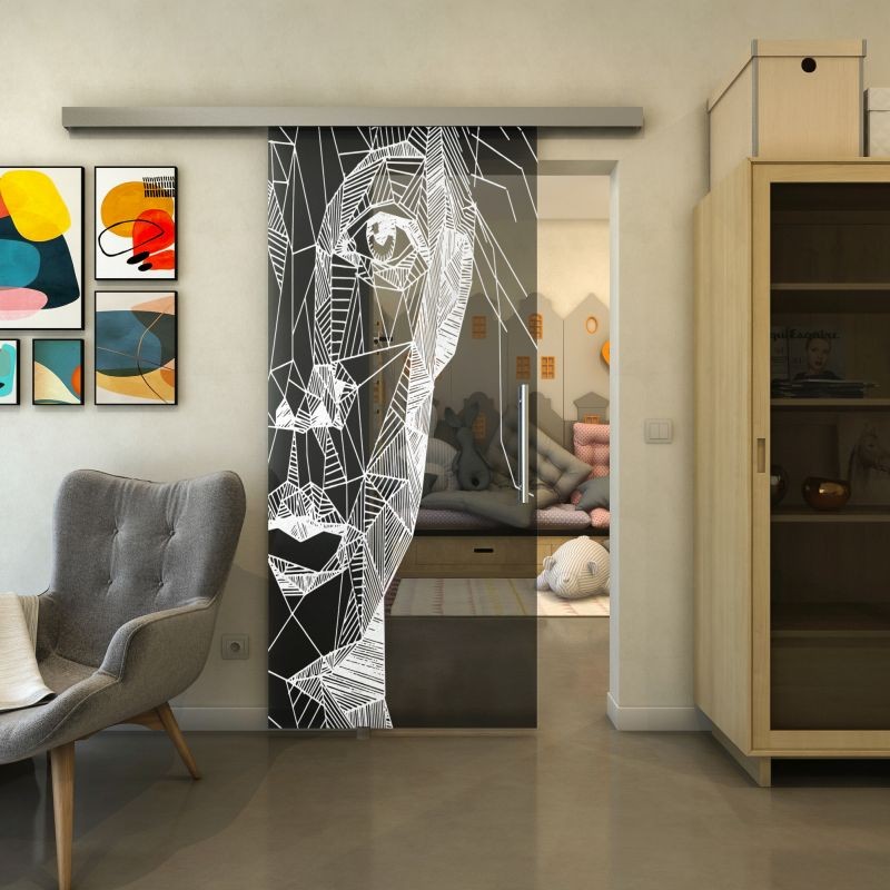 Glasschiebetür SLIM-LINE - Fineprint Modell 123 Weiss auf Grauglas