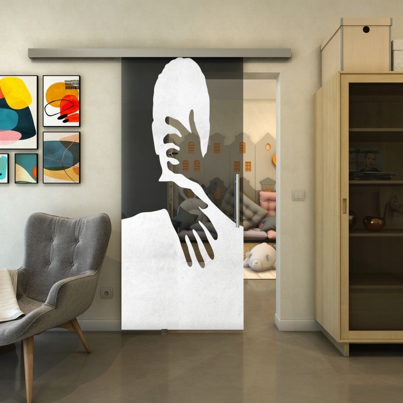 Glasschiebetür SLIM-LINE - Fineprint Modell 124 Weiss auf Grauglas