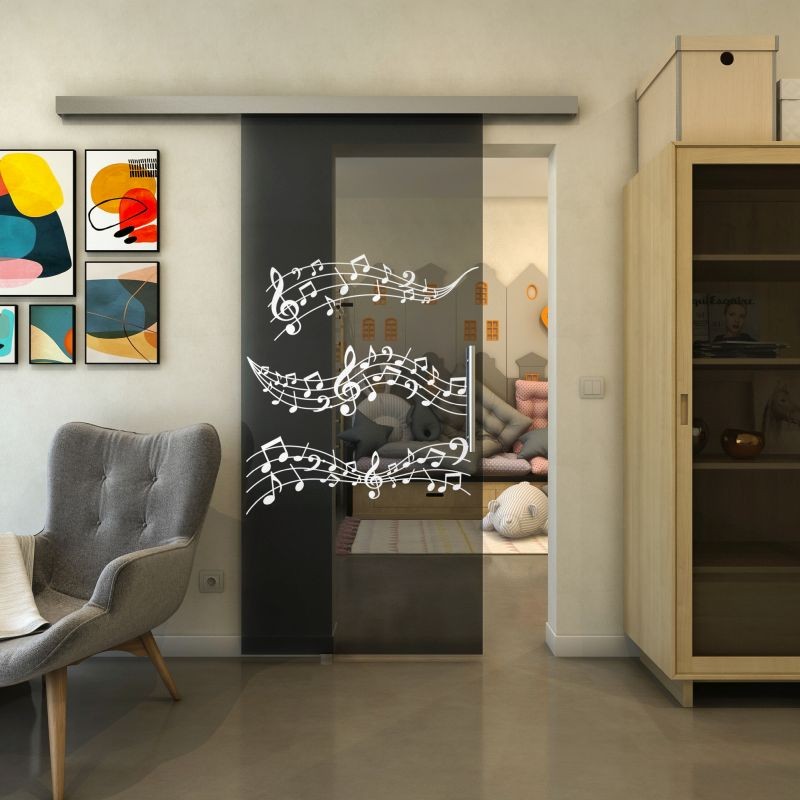 Glasschiebetür SLIM-LINE - Fineprint Modell 128 Weiss auf Grauglas