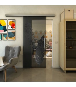 Glasschiebetür SLIM-LINE - Fineprint Model 129 Schwarz auf Grauglas