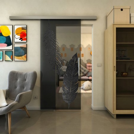 Glasschiebetür SLIM-LINE - Fineprint Model 129 Schwarz auf Grauglas