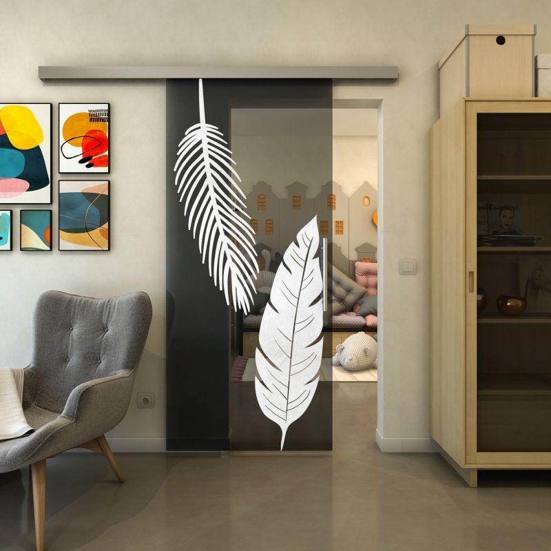 Glasschiebetür SLIM-LINE - Fineprint Modell 129 Weiss auf Grauglas