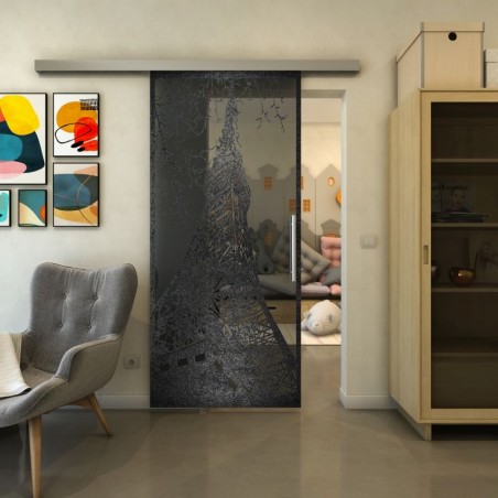Glasschiebetür SLIM-LINE - Fineprint Model 132 Schwarz auf Grauglas