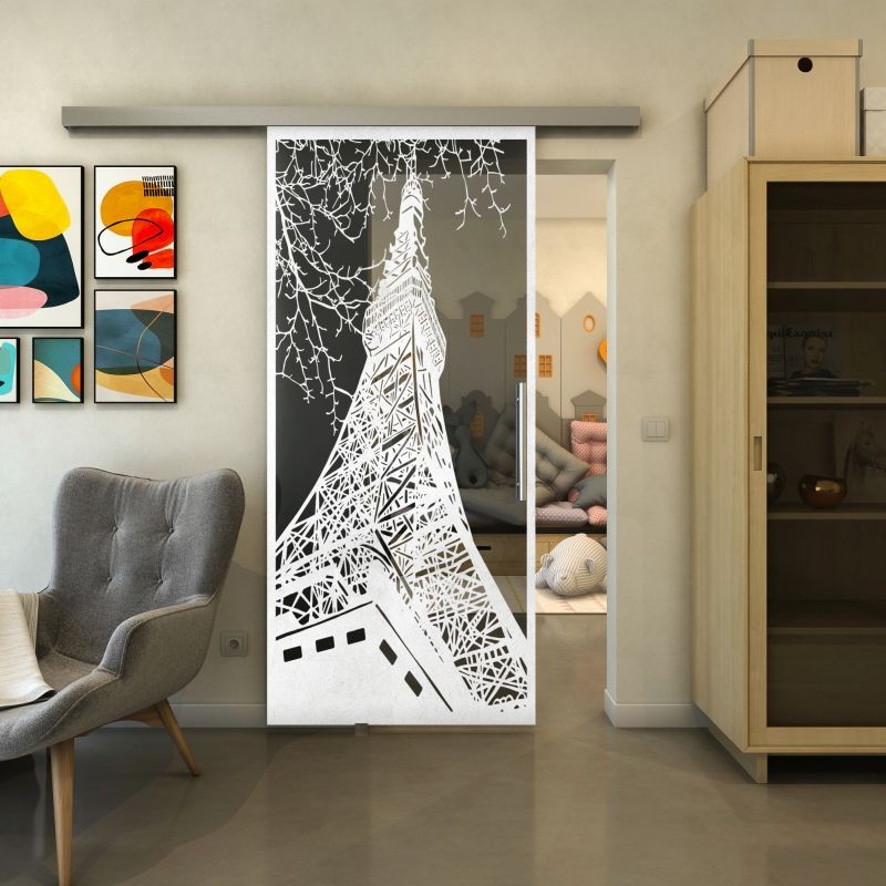 Glasschiebetür SLIM-LINE - Fineprint Modell 132 Weiss auf Grauglas