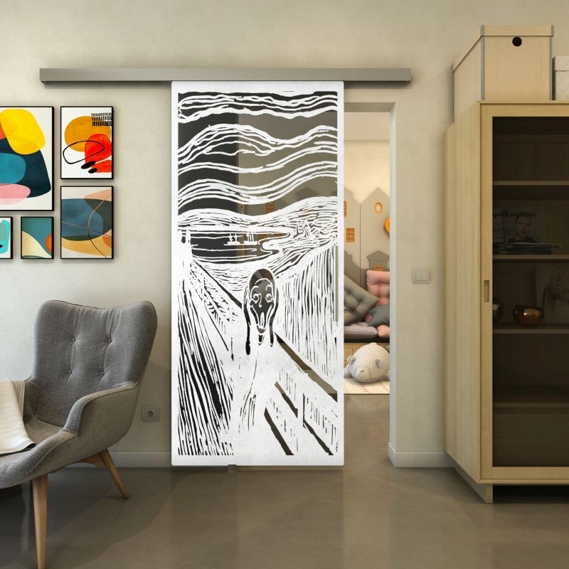 Glasschiebetür SLIM-LINE - Fineprint Modell 133 Weiss auf Grauglas Glasschiebetür SLIM-LINE - Fineprint Modell 133 Weiss auf Grauglas