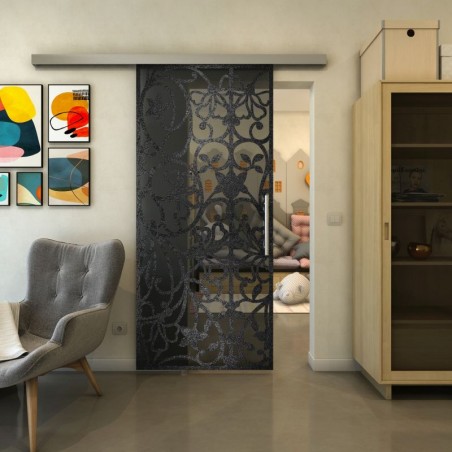 Glasschiebetür SLIM-LINE - Fineprint Model 147 Schwarz auf Grauglas