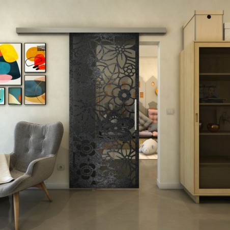 Glasschiebetür SLIM-LINE - Fineprint Model 149 Schwarz auf Grauglas