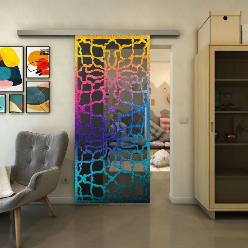 Glasschiebetür SLIM-LINE - Fineprint Modell 150 Verlauf auf Grauglas Glasschiebetür SLIM-LINE - Fineprint Modell 150 Verlauf auf Grauglas