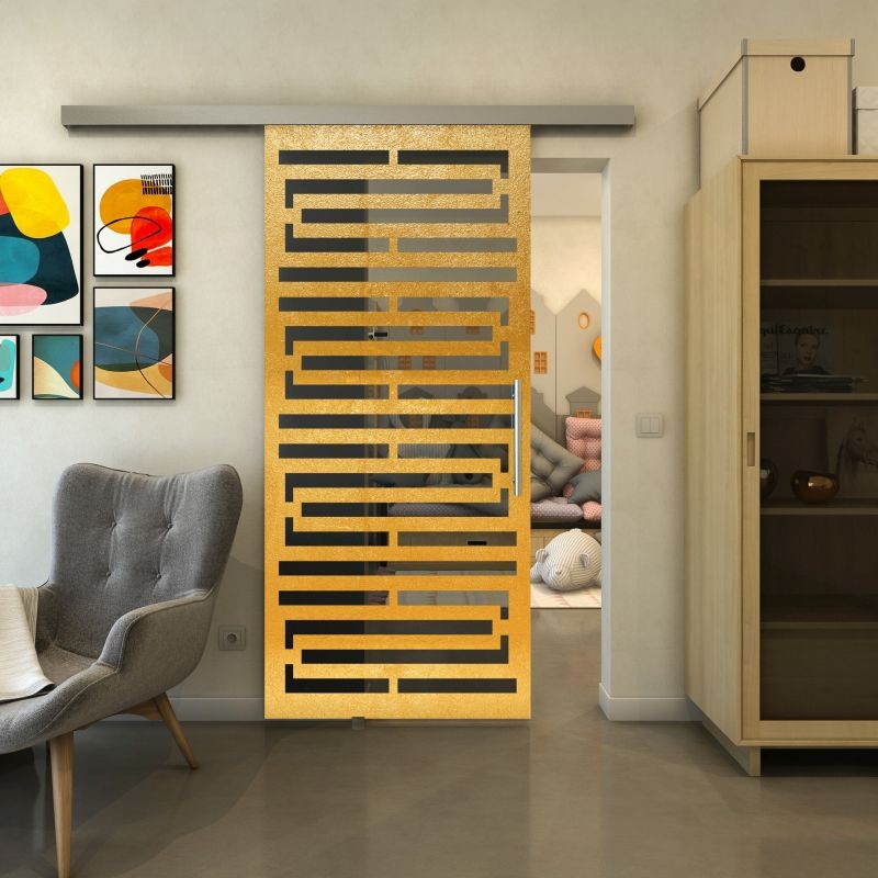 Glasschiebetür SLIM-LINE - Fineprint Modell 153 Gold auf Grauglas