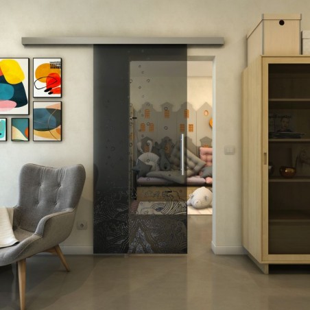 Glasschiebetür SLIM-LINE - Fineprint Model 155 Schwarz auf Grauglas