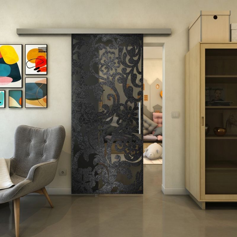 Glasschiebetür SLIM-LINE - Fineprint Modell 170 Schwarz auf Grauglas Glasschiebetür SLIM-LINE - Fineprint Modell 170 Schwarz auf Grauglas