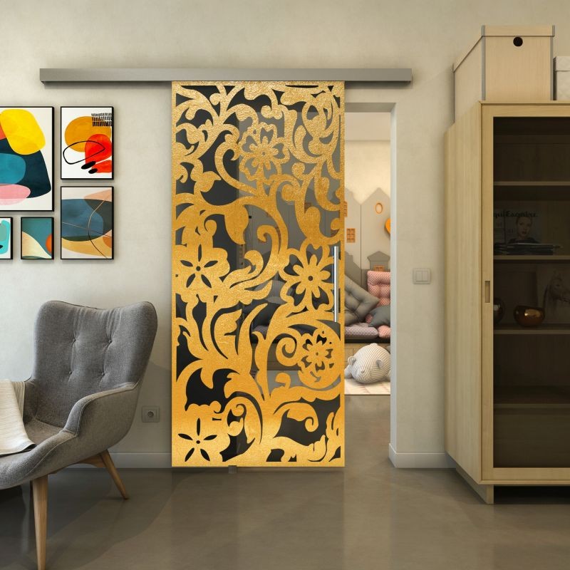 Glasschiebetür SLIM-LINE - Fineprint Modell 170 Gold auf Grauglas Glasschiebetür SLIM-LINE - Fineprint Modell 170 Gold auf Grauglas