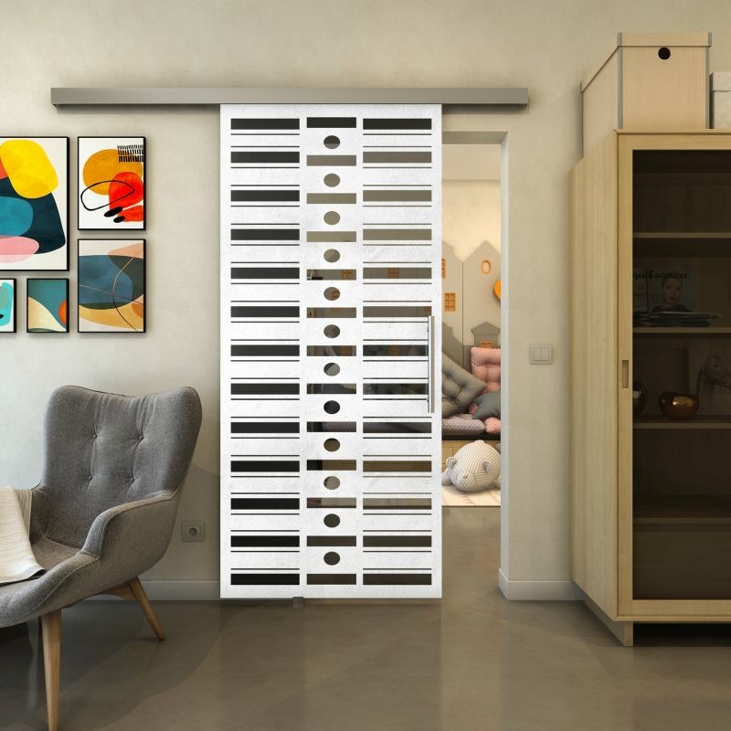 Glasschiebetür SLIM-LINE - Fineprint Modell 174 Weiss auf Grauglas Glasschiebetür SLIM-LINE - Fineprint Modell 174 Weiss auf Grauglas