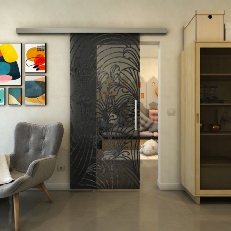 Glasschiebetür SLIM-LINE - Fineprint Model 200 Schwarz auf Grauglas