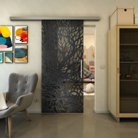 Glasschiebetür SLIM-LINE - Fineprint Model 202 Schwarz auf Grauglas